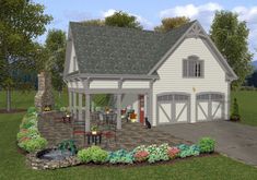 this is an artist's rendering of a house with a patio and attached garage