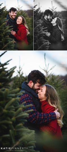 two people hugging each other in front of a christmas tree