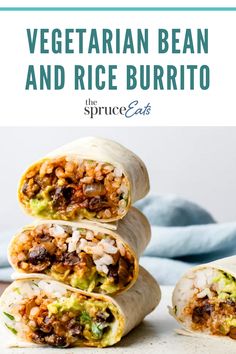 vegetarian bean and rice burritos stacked on top of each other with text overlay