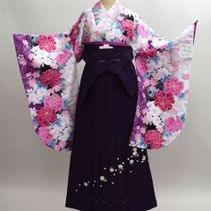 Item: Furisode Kimono & Hakama , Jyuban & Obi set No. yko231 Size: US L / Kimono Weidth 68cm Length 165cm / Hakama Length 91cm Weidth - fit many sizes Condition: NEW. Please check the photos. If you are 160-170cm tall, This kimono set will fit well. Kimono Hakama, Purple Kimono, Long Kimono Dress, Hakama Pants, Furisode Kimono, Kimono Set, Cute Kimonos, Kimono Japan, Kimono Outfit