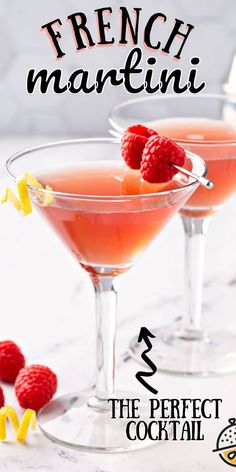 two martinis with raspberries in them and the words french marzini