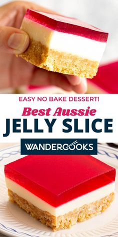 an image of jelly slice desserts on a plate with text overlay that reads easy no bake dessert best ausie jelly slice