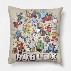 a pillow with the word roblox on it and various cartoon characters surrounding it