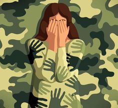 a woman covers her face with her hands as she stands in front of a camouflage background