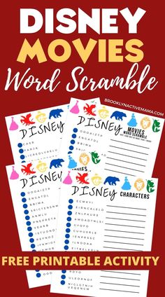 disney movies word scramble printable activity for kids to practice their spelling and writing skills