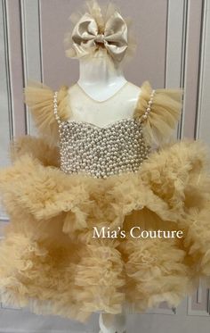 Elegant Embellished Tutu Dress For Dress-up, Elegant Gold Princess Dress With Ruffles, Gold Ruffled Tutu Dress For Wedding, Gold Tulle Dress With Ruffles, Gold Embellished Tulle Dress, Gold Ruffled Tutu Dress For Pageant, Gold Ruffled Tutu Dress For Pageants, Elegant Fitted Gold Tutu Dress, Gold Embellished Ball Gown For Pageant