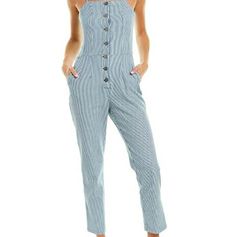 New With Tags Jumpsuit With Blue And With Stripes. It Has Front Buttons, Has Adjustable Shoulder Straps And Has Two Front Pockets. Measurements: Bust Is 15.5 Inches Waist Is 13 Inches Thigh Is 11.5 Inches Inseam Is 27 Inches Hem Is 6.5 Inches Spring Striped Cotton Jumpsuits And Rompers, Striped Cotton Jumpsuits And Rompers For Spring, Fitted Blue Jumpsuits And Rompers With Button Closure, Summer Denim Jumpsuit For Work, Striped Jumpsuits And Rompers For Summer Workwear, Striped Cotton Jumpsuits And Rompers For Day Out, Striped Cotton Jumpsuit For Day Out, Chic Blue Cotton Jumpsuits And Rompers, High Waist Summer Overalls For Workwear