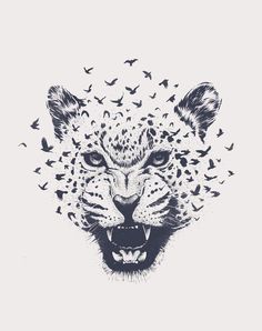 a black and white drawing of a leopard's face with birds flying around it