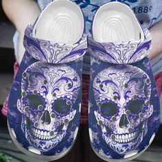 Boho Skull Crocs Shoes Purple Skull Crocbland Clog Gifts For Men Women Lightweight construction with breathable mesh fabric provides a comfortable and flawless fit. Sugar Skull Tattoo, Skull Girl Tattoo, Purple Skull, Black And White Roses, Skull Shoes, Crocs Clog, Sugar Skull Tattoos, Shoes Purple, Tattoo Girl