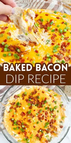 baked bacon dip recipe in a glass casserole dish with the title above it