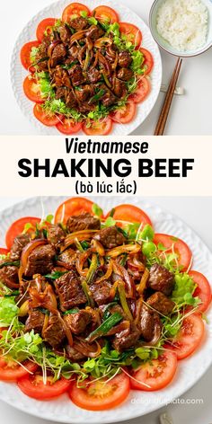 a plate of Vietnamese shaking beef on a bed of green salad and fresh tomato. Rice Dishes Recipes, Asian Dinners, Chinese Cooking Recipes, One Pan Dinner, Easy Asian Recipes, Pasta Dinner Recipes