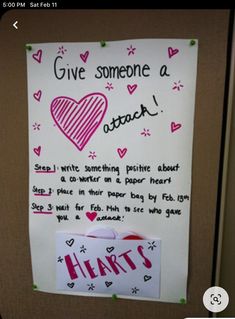 a bulletin board attached to a refrigerator door with writing on it that says, give someone a heart