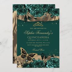 an elegant teal green and gold birthday party card with roses, butterflies and leaves