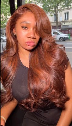 Copper Colors For Hair, Ginger Hair Side Part, Side Part Wig No Baby Hair, Copper And Auburn Hair, Fall Silk Press, Ginger Leave Out Sew In, Ginger Auburn Hair Black Women, Side Part No Baby Hairs, Reddish Brown Hair Black Women