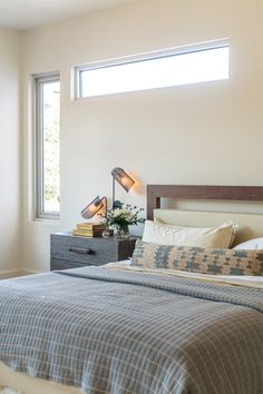 a bedroom with a bed and two lamps on the nightstands next to each other