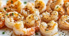 two pictures of cooked shrimp on a plate with seasoning and pepper sprinkles