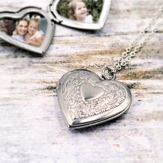 Beautiful sterling silver PLATED heart locket with floral design, vintage style, comes on a silver plated cable chain with your choice of length.  The locket is 925 sterling silver plated over brass as shown in the 3rd photo. The sterling makes this extra special!  YOU CAN HAVE US ADD YOUR FAVORITE PHOTOS FOR YOU!  You can choose the locket not personalized, add an initial or choice of 5 symbols, and/or have us add one or two of your favorite photos.  ***All our designs are created per order, fo Silver Engraved Heart Bracelet For Valentine's Day, Silver Heart Bracelet For Mother's Day, Silver Heart Bracelet Gift For Mom, Silver Heart Bracelet As Gift For Mom, Silver Heart-shaped Bracelet As A Gift, Silver Heart Bracelet As A Gift, Engraved Silver Heart Bracelet For Wedding, Silver Heart Bracelet For Valentine's Day, Nickel Free Heart Bracelet For Anniversary