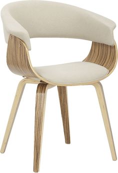 an upholstered chair with wooden legs and a white fabric seat pad on the back