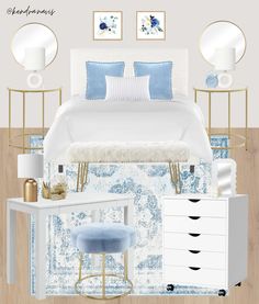 the bedroom is decorated in blue and white with touches of gold on the nightstands