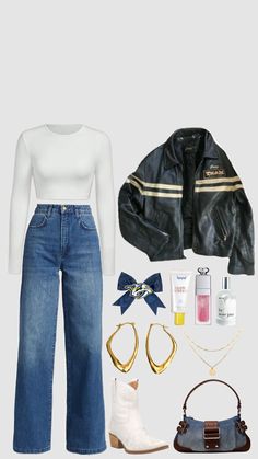 a woman's outfit including jeans, jacket and purse is shown in this image