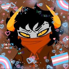 an anime character with horns and eyes wearing a red bandana, surrounded by hearts