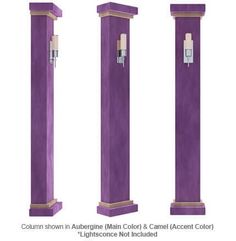 three tall purple pillars with lights on each one and the words column shown above them