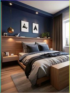 a bedroom with blue walls and wooden furniture