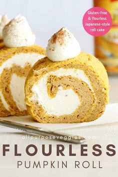 a close up of a pastry on a plate with the title text above it that reads flourless pumpkin roll