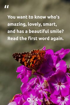 a butterfly sitting on top of purple flowers with the quote you want to know who's amazing, lovely, smart, and has a beautiful smile? read the first word again again again