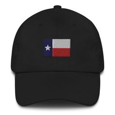 a black hat with the flag of texas on it, embroidered in white and red