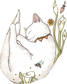 a drawing of a cat sleeping on top of a plant with bees and flowers around it