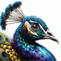 a painting of a peacock with feathers on it's head and tail, against a white background