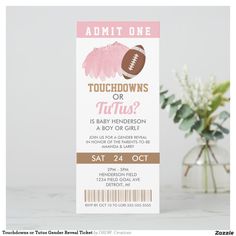 a pink and brown ticket for a baby shower with an image of a football on it