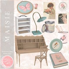 a collage of various items including a desk, chair, and wall hangings