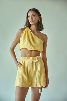 The Lenora are high-waisted paper bag shorts. Designed to be worn as a set with the Lenora Top. Made from Linen to keep you cool all summer long. Yellow Shorts Outfit, Yellow Two Piece, Paper Bag Shorts, Maxi Dress Outfit, Rope Belt, Yellow Shorts, Linen Shorts, Off Shoulder Tops, Hook Eye