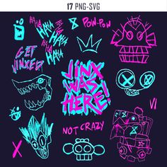 various graffiti stickers on a black background with the words not crazy written in pink and blue