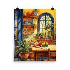 a painting of a kitchen with potted plants and fruit on the table in front of an open window