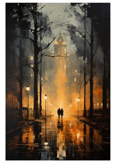 a painting of two people walking in the rain