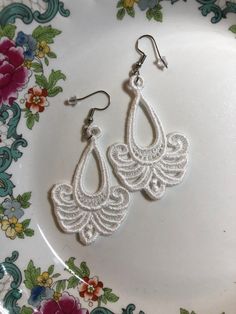 Lace Earrings Embroidered Earrings White Earrings Dangle - Etsy White Bohemian Filigree Earrings, White Filigree Drop Earrings, White Beaded Earrings For Wedding, Handmade White Teardrop Bridal Earrings, Bohemian White Bridal Earrings For Pierced Ears, Elegant Embroidered Wedding Earrings, Embroidered White Jewelry For Party, White Embroidered Jewelry For Party, Elegant Embroidered Earrings