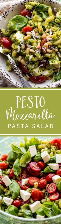 pesto and mozzarella pasta salad in a bowl with the title above it