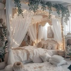 a bed with white curtains and lights on the headboard is in a room that looks like it has been decorated for christmas