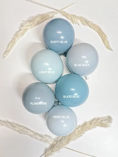 six blue balloons with the words dusty blue, light blue and frosty blue on them