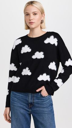 Fabric: Mid-weight knitRibbed trimTextured cloud patternCrew neckLong sleevesShell: 84% wool/16% nylonDry cleanImported, ChinaStyle #ALICE46909 Neckline Details, Cloud Print, Olivia Black, Alice And Olivia, Print Sweater, Feminine Aesthetic, Knit Pullover, Soft White, Black Wool