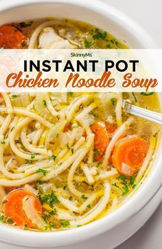 instant pot chicken noodle soup in a white bowl