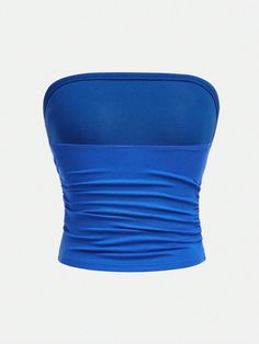 Style:Casual \nSleeve Length:Sleeveless \nNeckline:Strapless \nColor:Royal Blue \nPattern Type:Plain \nLength:Short \nFit Type:Slim Fit \nFabric:Medium Stretch \nMaterial:Knitted Fabric \nComposition:96% Viscose \nComposition:4% Elastane \nCare Instructions:Machine wash or professional dry clean \nBody:Unlined \nSheer:No \n Spring Blue Seamless Tube Top, Fitted Blue Bandeau Tank Top, Blue Fitted Bandeau Tank Top, Blue Seamless Bandeau Top, Blue Stretch Bandeau Top, Blue Stretch Solid Color Tank Top, Blue Bandeau Tank Top For Spring, Blue Solid Color Stretch Tank Top, Casual Blue Bandeau Tank Top