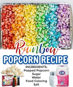 rainbow popcorn recipe with ingredients and instructions to make it in the microwave or on the stove