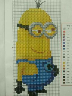 a cross stitch pattern with a yellow minion wearing glasses and holding a blue object