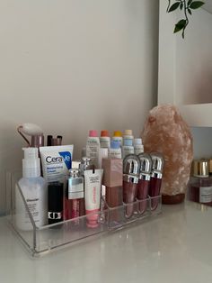 Skincare, makeup organization Makeup Space Ideas, Aesthetic Shelf Organization, Aesthetic Makeup Organizer, Rose Balm Dotcom, Glossier Rose Balm Dotcom, Organized Makeup, Vanity Inspo, Bilik Idaman, Cozy Bedroom Ideas