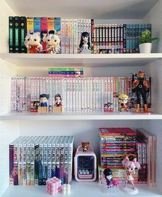 the shelves are filled with books and toys