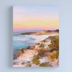 an oil painting of the ocean at sunset